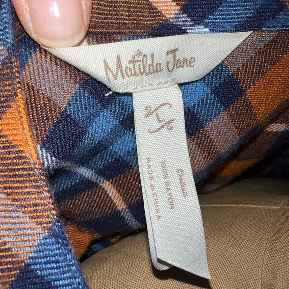 Matilda Jane Blue and Orange Plaid Button-Up Tunic Blouse with ruffle bottom - Picture 5 of 6